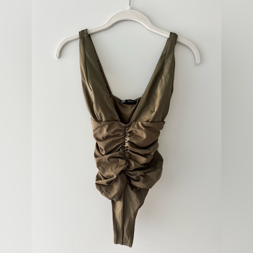 Zara Khaki Ruch One Piece Swimsuit